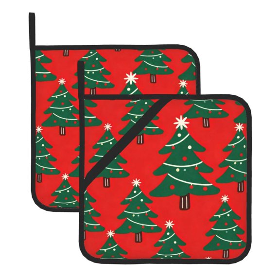 Thick Heat Resistant Trivet Square 2 Pack Fabric Pot Holder Pad For Kitchen Counter, Microwave Oven & Bbq, Side Hanging Loop Christmas Tree (2)