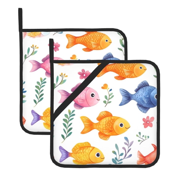 Thick Heat Resistant Trivet Square 2 Pack Fabric Pot Holder Pad For Kitchen Counter, Microwave Oven & Bbq, Side Hanging Loop Cute Fish