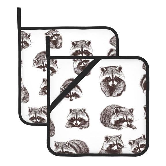 Thick Heat Resistant Trivet Square 2 Pack Fabric Pot Holder Pad For Kitchen Counter, Microwave Oven & Bbq, Side Hanging Loop Cute Gray Raccoon