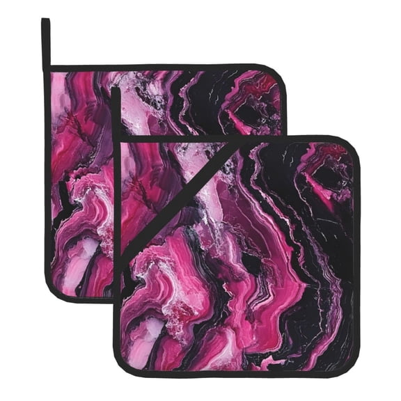 Thick Heat Resistant Trivet Square 2 Pack Fabric Pot Holder Pad For Kitchen Counter, Microwave Oven & Bbq, Side Hanging Loop Darkmagenta Marble_3