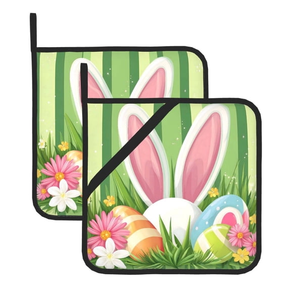 Thick Heat Resistant Trivet Square 2 Pack Fabric Pot Holder Pad For Kitchen Counter, Microwave Oven & Bbq, Side Hanging Loop Easter Eggs And Rabbits