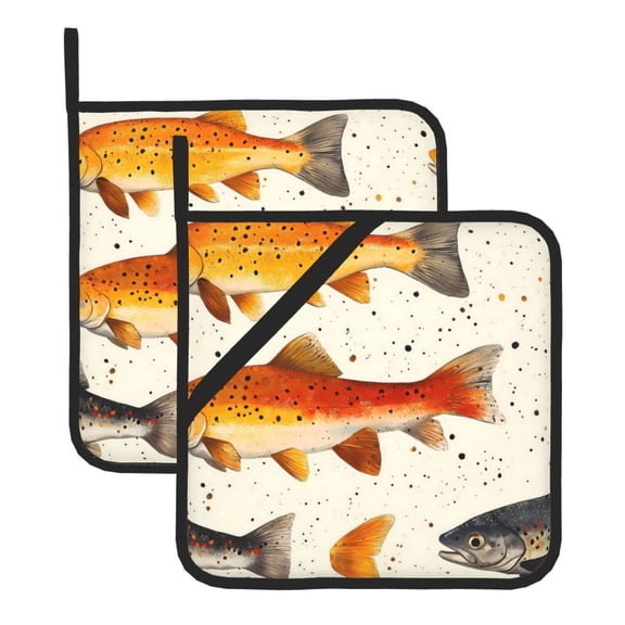 Thick Heat Resistant Trivet Square 2 Pack Fabric Pot Holder Pad For Kitchen Counter, Microwave Oven & Bbq, Side Hanging Loop Fish (16)