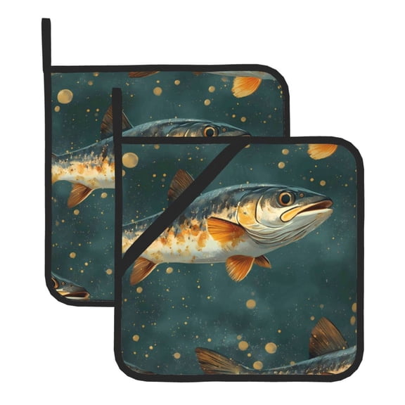 Thick Heat Resistant Trivet Square 2 Pack Fabric Pot Holder Pad For Kitchen Counter, Microwave Oven & Bbq, Side Hanging Loop Fish (2)