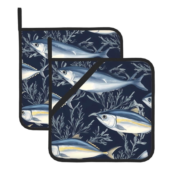 Thick Heat Resistant Trivet Square 2 Pack Fabric Pot Holder Pad For Kitchen Counter, Microwave Oven & Bbq, Side Hanging Loop Fish (33)
