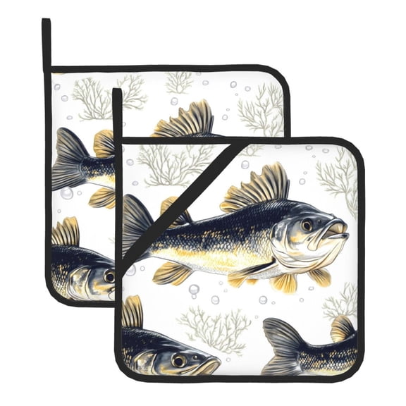 Thick Heat Resistant Trivet Square 2 Pack Fabric Pot Holder Pad For Kitchen Counter, Microwave Oven & Bbq, Side Hanging Loop Fish (6)