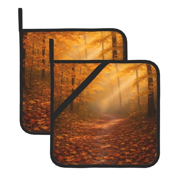 Thick Heat Resistant Trivet Square 2 Pack Fabric Pot Holder Pad For Kitchen Counter, Microwave Oven & Bbq, Side Hanging Loop Forest Path