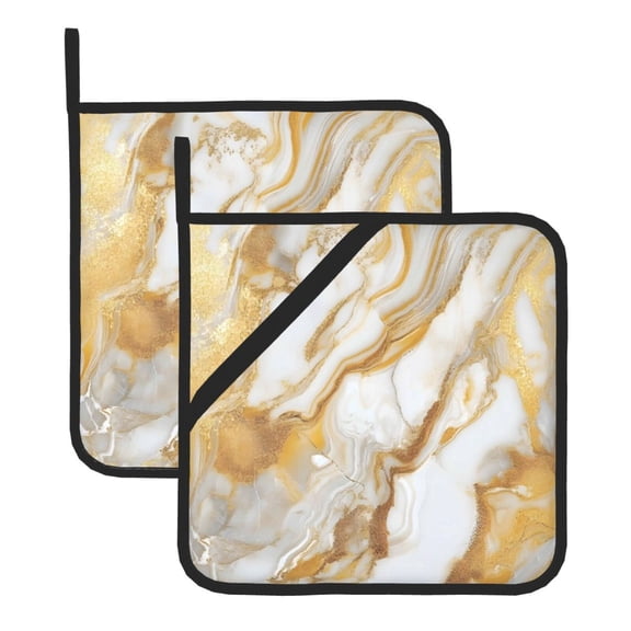 Thick Heat Resistant Trivet Square 2 Pack Fabric Pot Holder Pad For Kitchen Counter, Microwave Oven & Bbq, Side Hanging Loop Gold Marble_2
