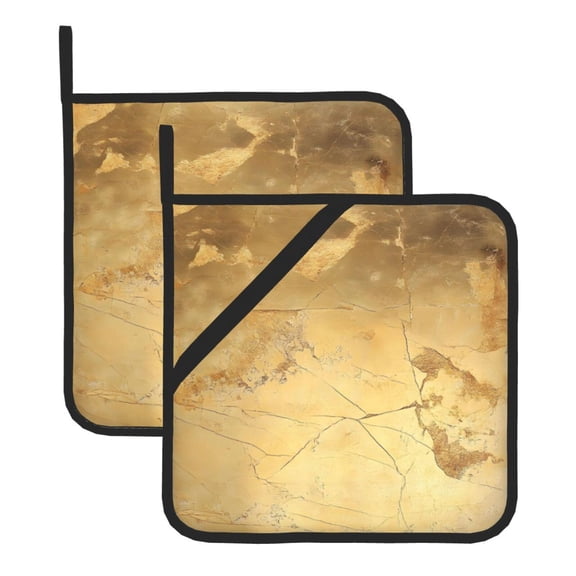 Thick Heat Resistant Trivet Square 2 Pack Fabric Pot Holder Pad For Kitchen Counter, Microwave Oven & Bbq, Side Hanging Loop Gold Marble_3