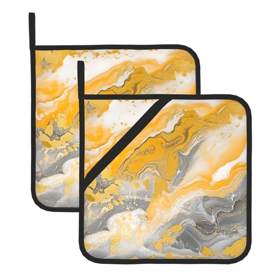 Thick Heat Resistant Trivet Square 2 Pack Fabric Pot Holder Pad For Kitchen Counter, Microwave Oven & Bbq, Side Hanging Loop Gold Marble_4