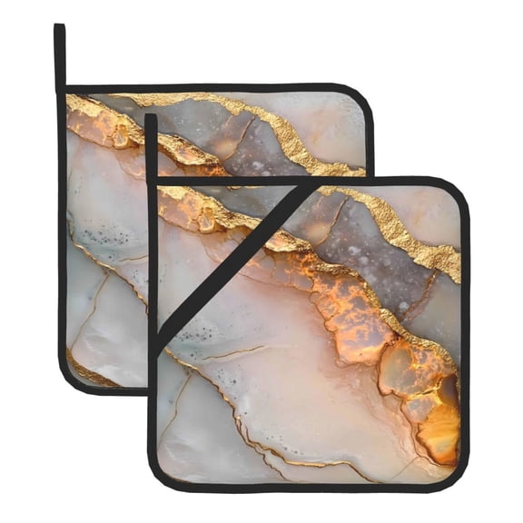 Thick Heat Resistant Trivet Square 2 Pack Fabric Pot Holder Pad For Kitchen Counter, Microwave Oven & Bbq, Side Hanging Loop Gray-White Gold Marble