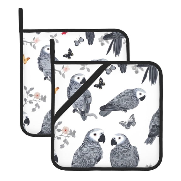 Thick Heat Resistant Trivet Square 2 Pack Fabric Pot Holder Pad For Kitchen Counter, Microwave Oven & Bbq, Side Hanging Loop Grey Parrot