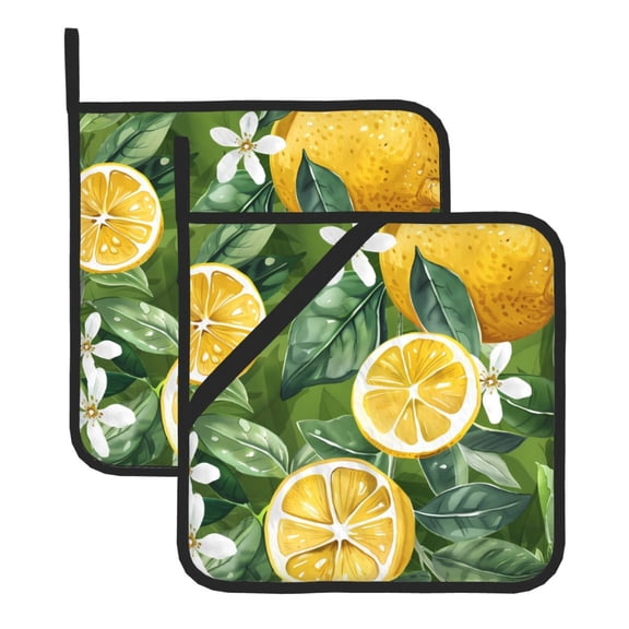 Thick Heat Resistant Trivet Square 2 Pack Fabric Pot Holder Pad For Kitchen Counter, Microwave Oven & Bbq, Side Hanging Loop Lemon And Leaves (4) (1)