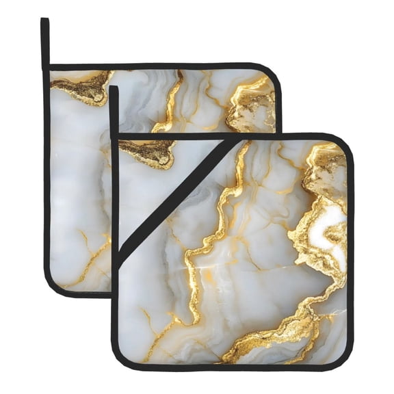 Thick Heat Resistant Trivet Square 2 Pack Fabric Pot Holder Pad For Kitchen Counter, Microwave Oven & Bbq, Side Hanging Loop Marble White Yellow