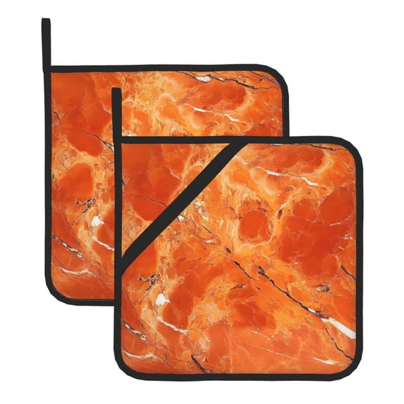 Thick Heat Resistant Trivet Square 2 Pack Fabric Pot Holder Pad For Kitchen Counter, Microwave Oven & Bbq, Side Hanging Loop Orangered Marble_1