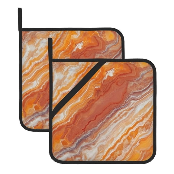 Thick Heat Resistant Trivet Square 2 Pack Fabric Pot Holder Pad For Kitchen Counter, Microwave Oven & Bbq, Side Hanging Loop Orangered Marble_3