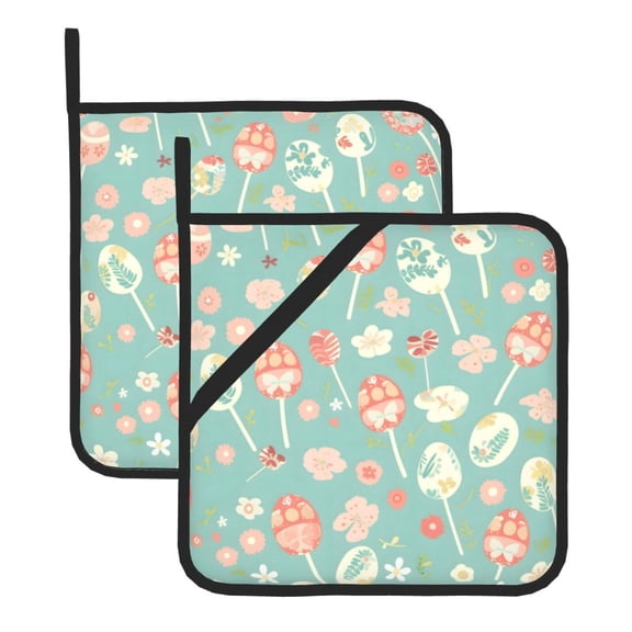 Thick Heat Resistant Trivet Square 2 Pack Fabric Pot Holder Pad For Kitchen Counter, Microwave Oven & Bbq, Side Hanging Loop Pastel Easter Eggs
