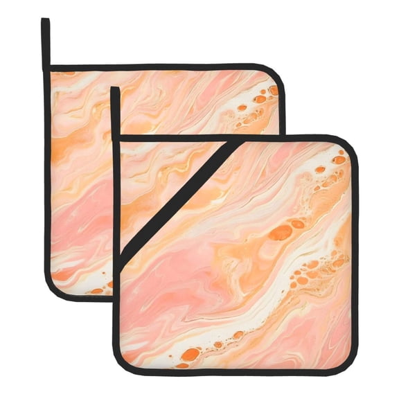 Thick Heat Resistant Trivet Square 2 Pack Fabric Pot Holder Pad For Kitchen Counter, Microwave Oven & Bbq, Side Hanging Loop Peachpuff Marble_2
