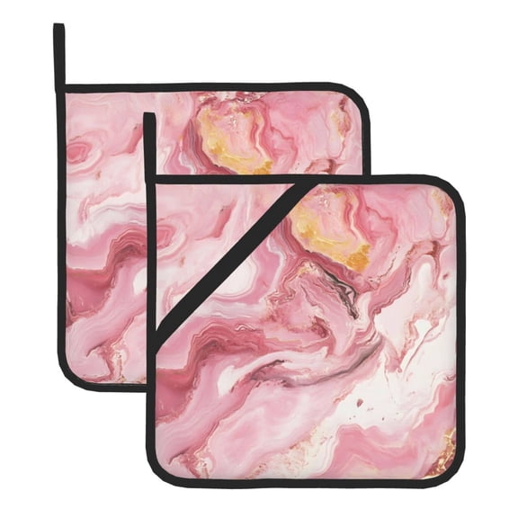 Thick Heat Resistant Trivet Square 2 Pack Fabric Pot Holder Pad For Kitchen Counter, Microwave Oven & Bbq, Side Hanging Loop Pink Marble_1