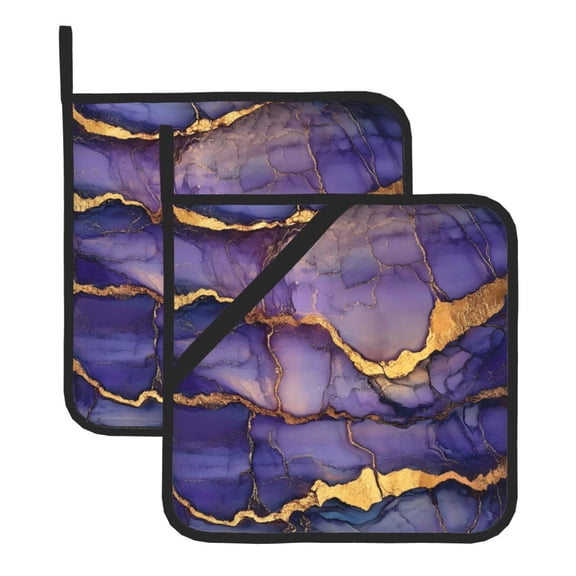 Thick Heat Resistant Trivet Square 2 Pack Fabric Pot Holder Pad For Kitchen Counter, Microwave Oven & Bbq, Side Hanging Loop Purple Gold Marble