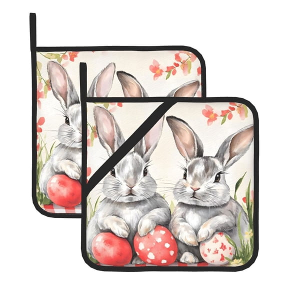 Thick Heat Resistant Trivet Square 2 Pack Fabric Pot Holder Pad For Kitchen Counter, Microwave Oven & Bbq, Side Hanging Loop Rabbit Bunny Eggs Easter