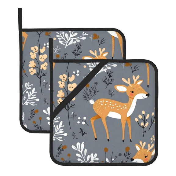 Thick Heat Resistant Trivet Square 2 Pack Fabric Pot Holder Pad For Kitchen Counter, Microwave Oven & Bbq, Side Hanging Loop Red Deer