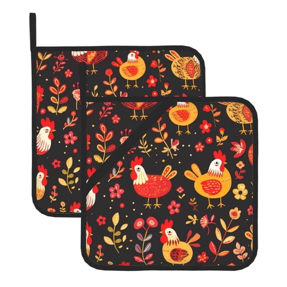 Thick Heat Resistant Trivet Square 2 Pack Fabric Pot Holder Pad For Kitchen Counter, Microwave Oven & Bbq, Side Hanging Loop Rooster And Flower
