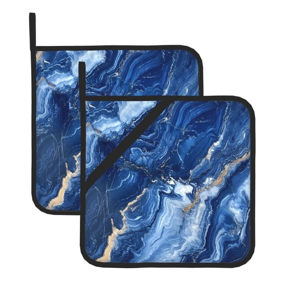 Thick Heat Resistant Trivet Square 2 Pack Fabric Pot Holder Pad For Kitchen Counter, Microwave Oven & Bbq, Side Hanging Loop Royalblue Marble_2