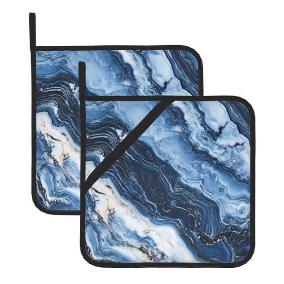 Thick Heat Resistant Trivet Square 2 Pack Fabric Pot Holder Pad For Kitchen Counter, Microwave Oven & Bbq, Side Hanging Loop Slateblue Marble_3