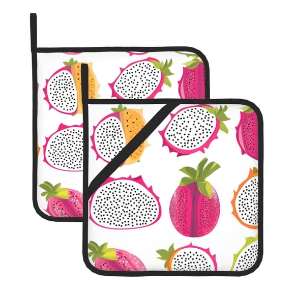 Thick Heat Resistant Trivet Square 2 Pack Fabric Pot Holder Pad For Kitchen Counter, Microwave Oven & Bbq, Side Hanging Loop Sliced Dragon Fruit