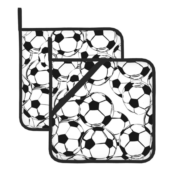 Thick Heat Resistant Trivet Square 2 Pack Fabric Pot Holder Pad For Kitchen Counter, Microwave Oven & Bbq, Side Hanging Loop Soccer Football Theme