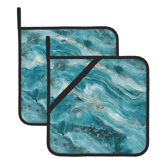 Thick Heat Resistant Trivet Square 2 Pack Fabric Pot Holder Pad For Kitchen Counter, Microwave Oven & Bbq, Side Hanging Loop Teal Marble_2