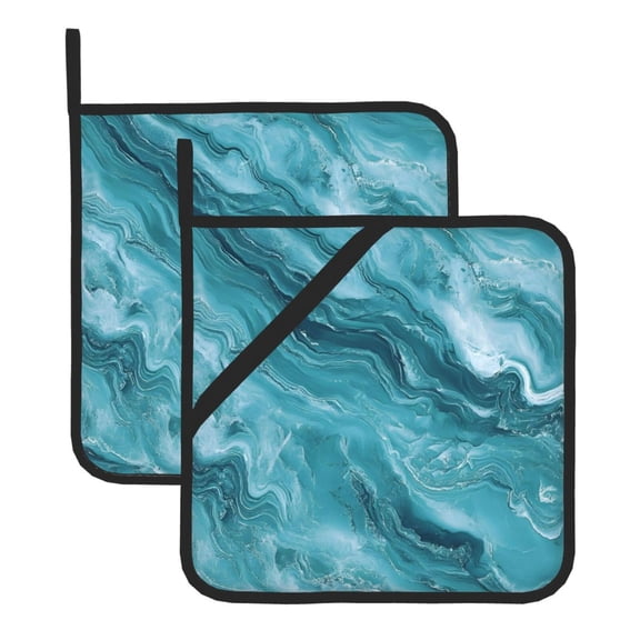 Thick Heat Resistant Trivet Square 2 Pack Fabric Pot Holder Pad For Kitchen Counter, Microwave Oven & Bbq, Side Hanging Loop Teal Marble_3