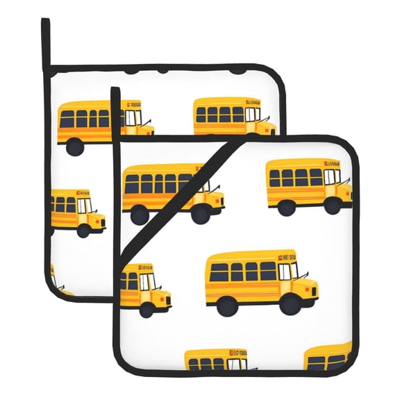 Thick Heat Resistant Trivet Square 2 Pack Fabric Pot Holder Pad For Kitchen Counter, Microwave Oven & Bbq, Side Hanging Loop Yellow Bus