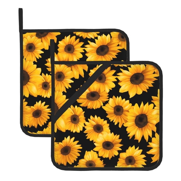 Thick Heat Resistant Trivet Square 2 Pack Fabric Pot Holder Pad For Kitchen Counter, Microwave Oven & Bbq, Side Hanging Loop Yellow Sunflowers