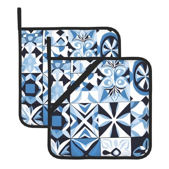 Thick Heat Resistant Trivet Square 2 Pack Fabric Pot Holder Pad For Kitchen Counter, Microwave Oven & Bbq, Side Hanging Loop Aliceblue Geometric Patterns_1