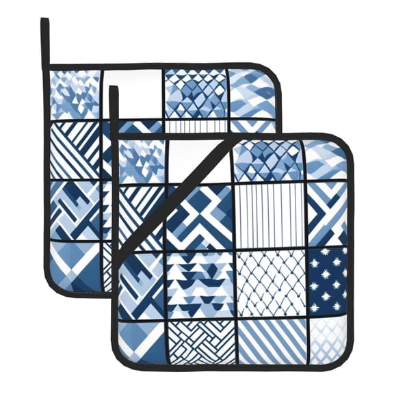 Thick Heat Resistant Trivet Square 2 Pack Fabric Pot Holder Pad For Kitchen Counter, Microwave Oven & Bbq, Side Hanging Loop Aliceblue Geometric Patterns_3