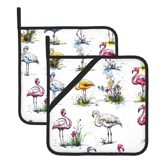 Thick Heat Resistant Trivet Square 2 Pack Fabric Pot Holder Pad For Kitchen Counter, Microwave Oven & Bbq, Side Hanging Loop Watercolor Style Flamingo