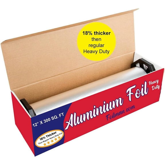 Thick & Heavy Duty Aluminum Foil Roll with Sturdy Corrugated Cutter Box, Food Safe Cling Wrap for Cooking, Baking, Roasting, Grilling, Freezer Storage - Durable Kitchen Use - 12 in x 300 sq ft