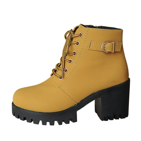 Xiaoxatg Thick Heeled Plus Size British Style Autumn Winter Thick Soled Fashionable Versatile Front Lace Up Women’s Ankle Boots 8.5 Yellow