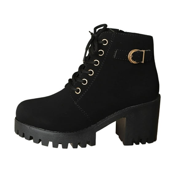 Xiaoxatg Thick Heeled Plus Size British Style Autumn Winter Thick Soled Fashionable Versatile Front Lace Up Women’s Ankle Boots 5.5 Black