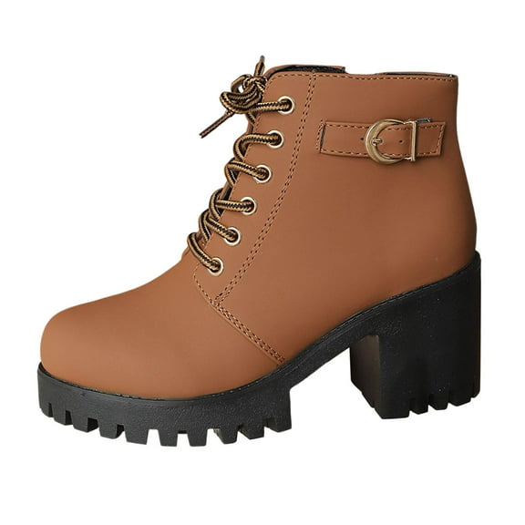 Xiaoxatg Thick Heeled Plus Size British Style Autumn Winter Thick Soled Fashionable Versatile Front Lace Up Women’s Ankle Boots 8.5 Brown