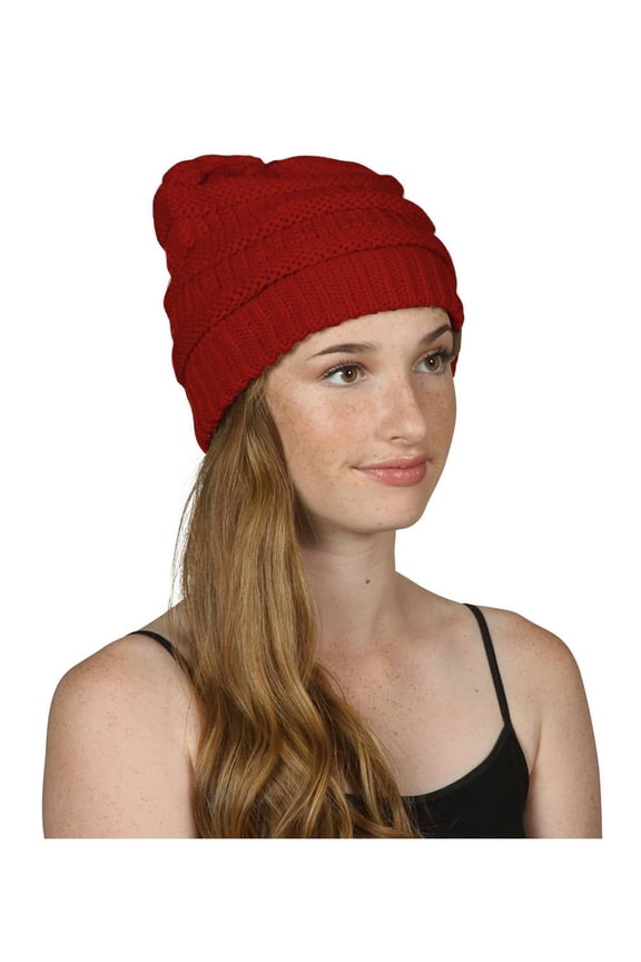Thick Knit Oversized Beanie Cap Hat - Red