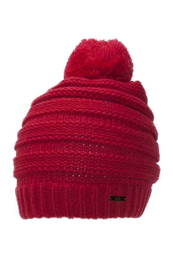 Thick Knitted Beanie w/ Pom - Red