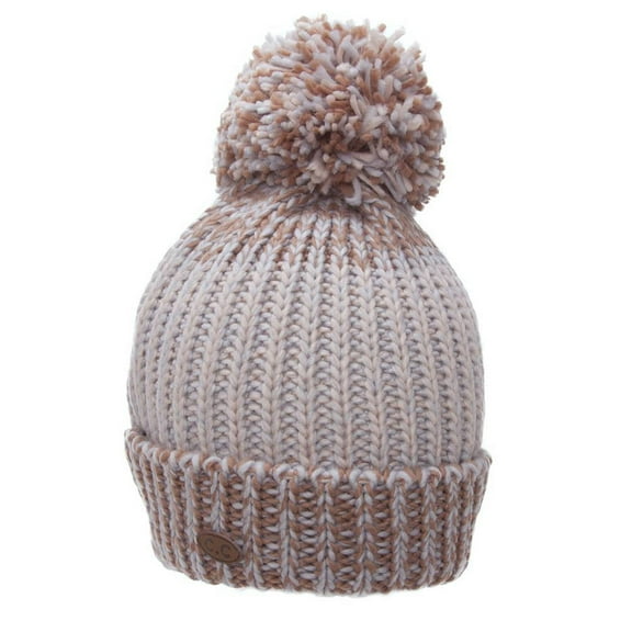 Thick Knitted Multi-Color Beanie w/ Pom - Beige/White