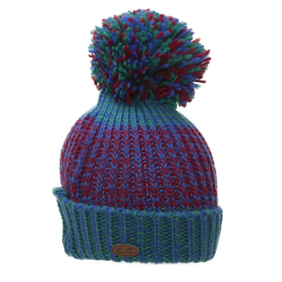 Thick Knitted Multi-Color Beanie w/ Pom - Royal/Red