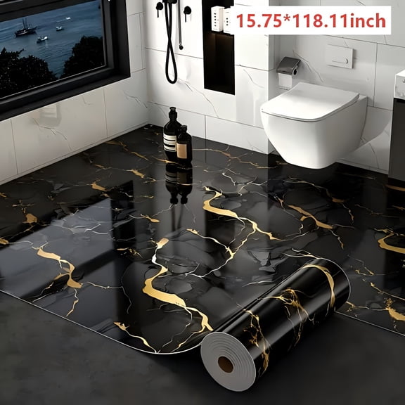 Thick Large Roll, 15.7"x118.1" Self-Adhesive Marble Pattern Floor Tile Sticker, Peel & Stick for Kitchen, Bathroom, Shower Floor