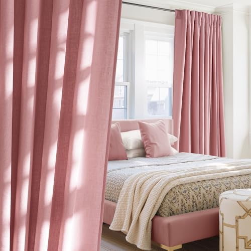 Thick Linen Pink Curtains for Girls Room, Rod Pocket & Back Tab Flax Linen Burlap Vertical Drapes Privacy Assured with Light Filtering Window Treatments for Bedroom, W55 x L84, 2 Panels
