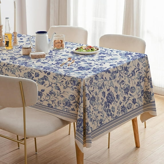 Thick Linen Rectangle Tablecloth - White and Blue Floral Waterproof Rustic Toile French Country Table Cover Farmhouse Decoration, Suitable for Home, Kitchen Dining Tablecloth 60 x 84 Inch