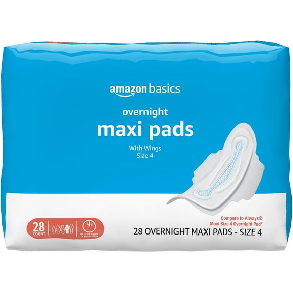Thick Maxi Pads with Wings for Periods, Overnight Absorbency, Leak Protection, Super Absorbent, Unscented, Size 4, 28 Count