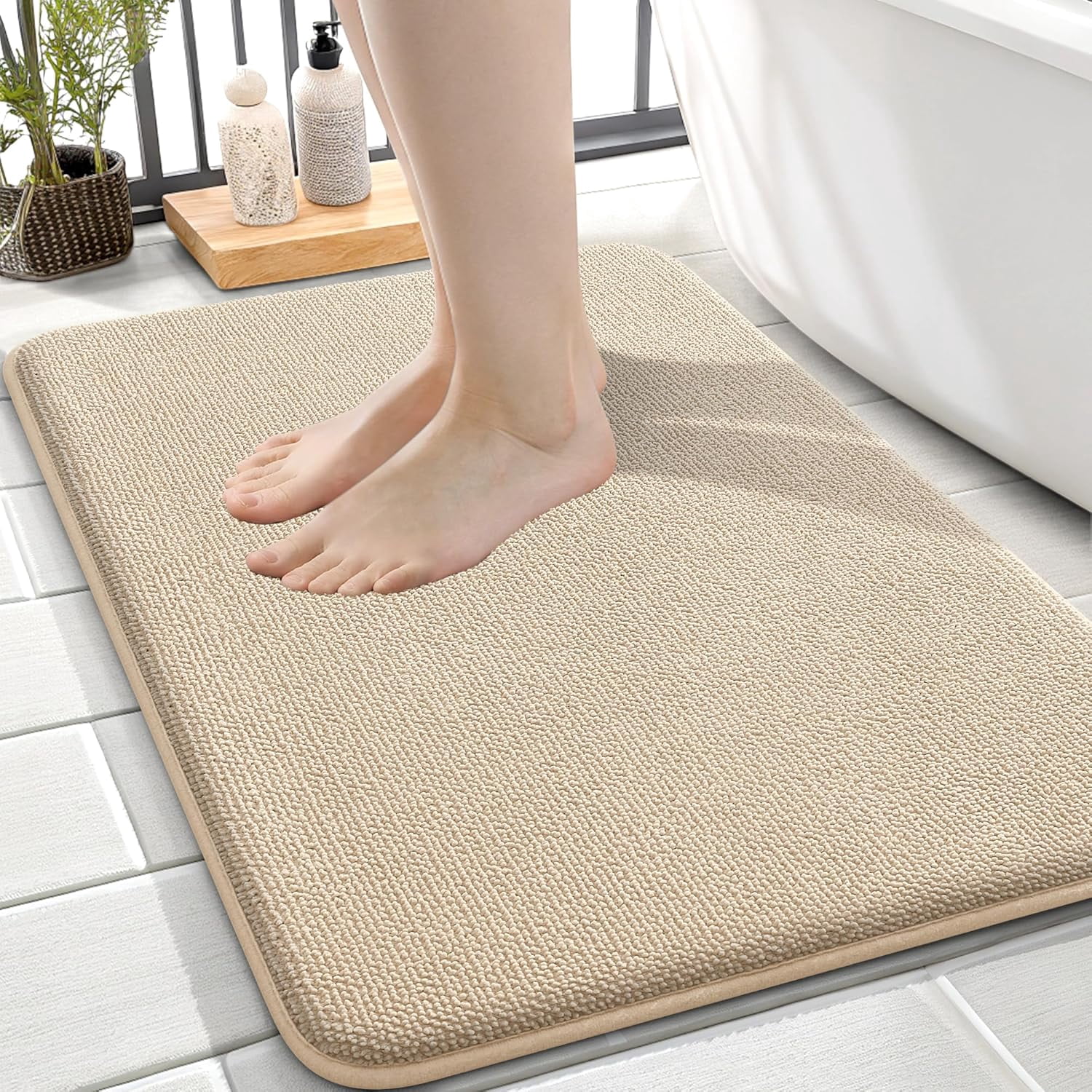 Thick Memory Foam Bath Mat Rug 24x16, Extra Soft Absorbent Bathroom Rug, Quick Dry Bath Mats, Non-Slip, Machine Washable Carpet for Bathroom, Tub and Shower, Home Decor Accessories, Beige